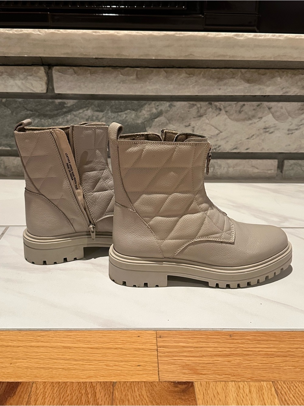 Quilted Leather Zip Front Ankle Combat Boots Lug Sole Beige Nude